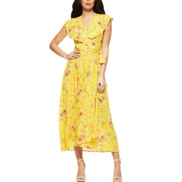 Sofria by Sofia vergara Dresses & Skirts - Sofia Womens Yellow Maxi Dress  Floral Short Sleeve Ruffle Size S